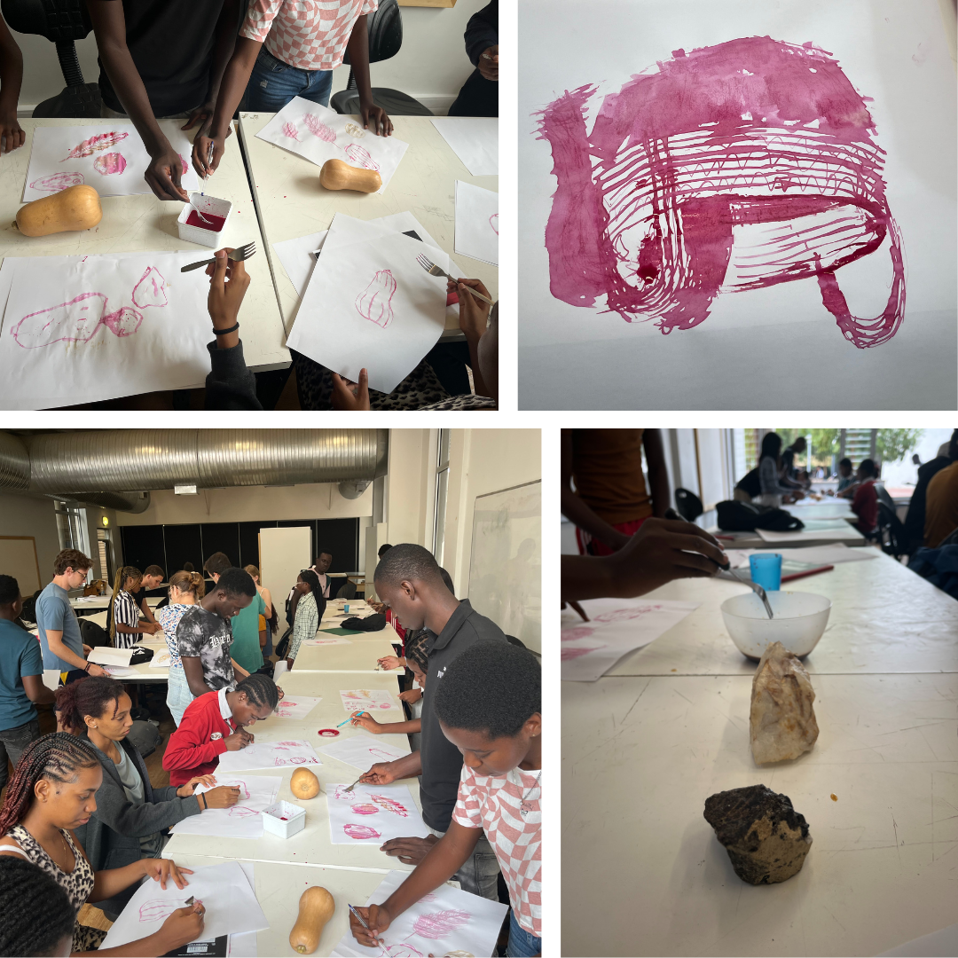 Students painting with forks and coffee/beetroot water